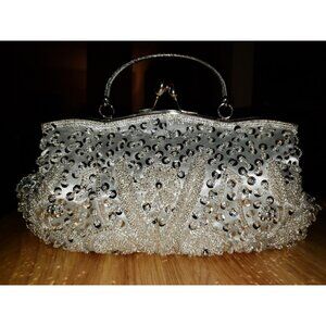 Women's Silver Polyester Beaded Sequin Design Flower Evening Clutch Bag